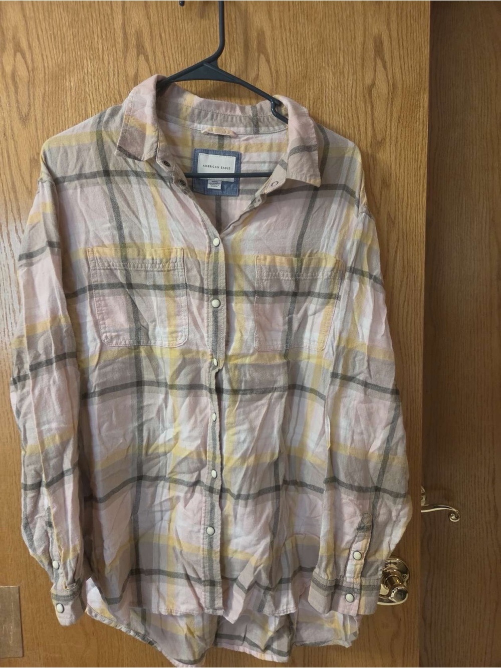 American Eagle Outfitters Pink and Yellow Plaid Button-Down Shirt